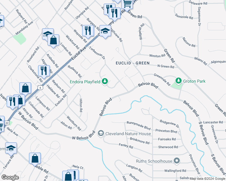 map of restaurants, bars, coffee shops, grocery stores, and more near 1986 Rookwood Rd in Cleveland