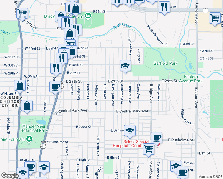 map of restaurants, bars, coffee shops, grocery stores, and more near 2802 Davenport Avenue in Davenport