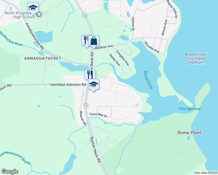 map of restaurants, bars, coffee shops, grocery stores, and more near 58 Salisbury Avenue in North Kingstown
