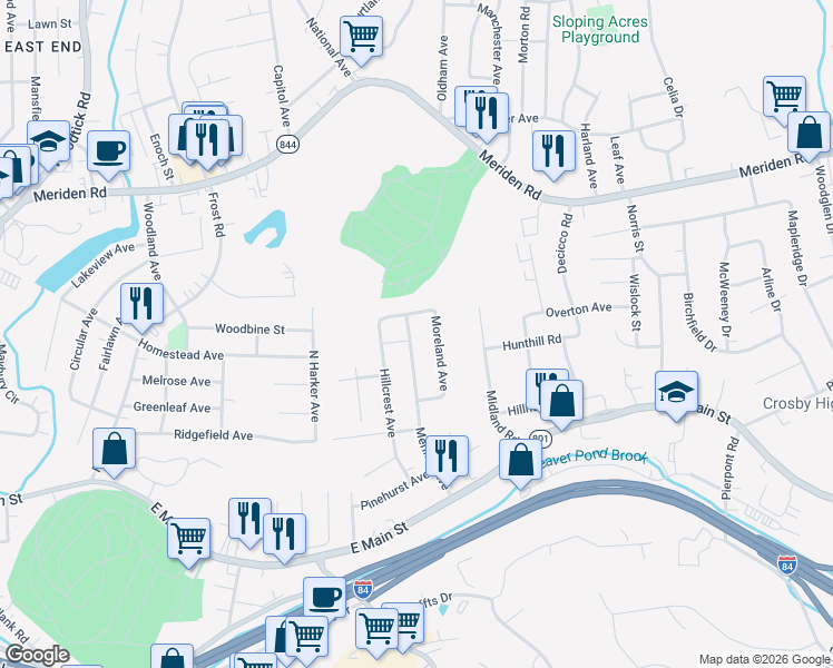 map of restaurants, bars, coffee shops, grocery stores, and more near 183 Moreland Avenue in Waterbury