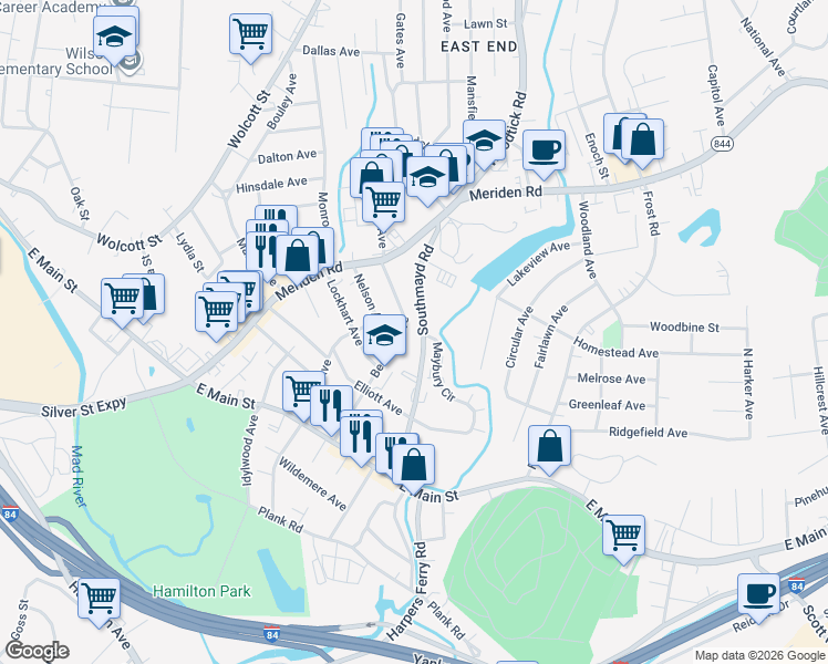 map of restaurants, bars, coffee shops, grocery stores, and more near 195 Beecher Avenue in Waterbury