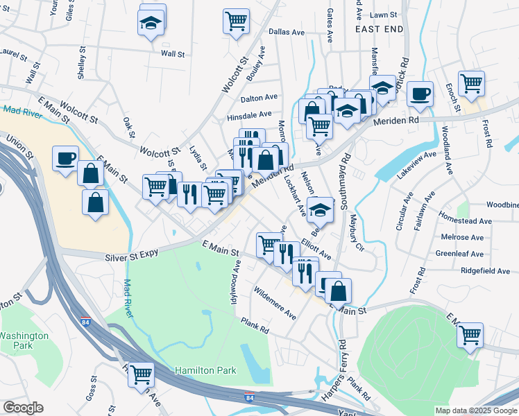 map of restaurants, bars, coffee shops, grocery stores, and more near 38 Woodward Avenue in Waterbury