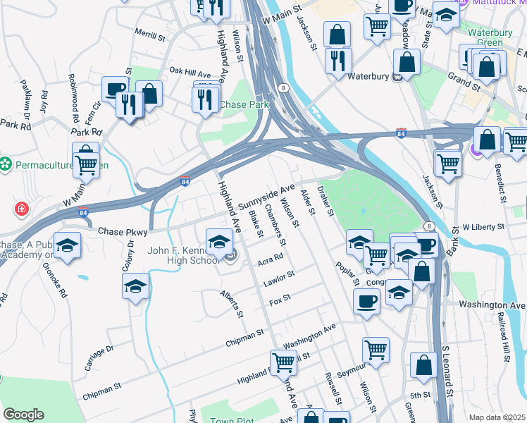 map of restaurants, bars, coffee shops, grocery stores, and more near 15 Chambers Street in Waterbury