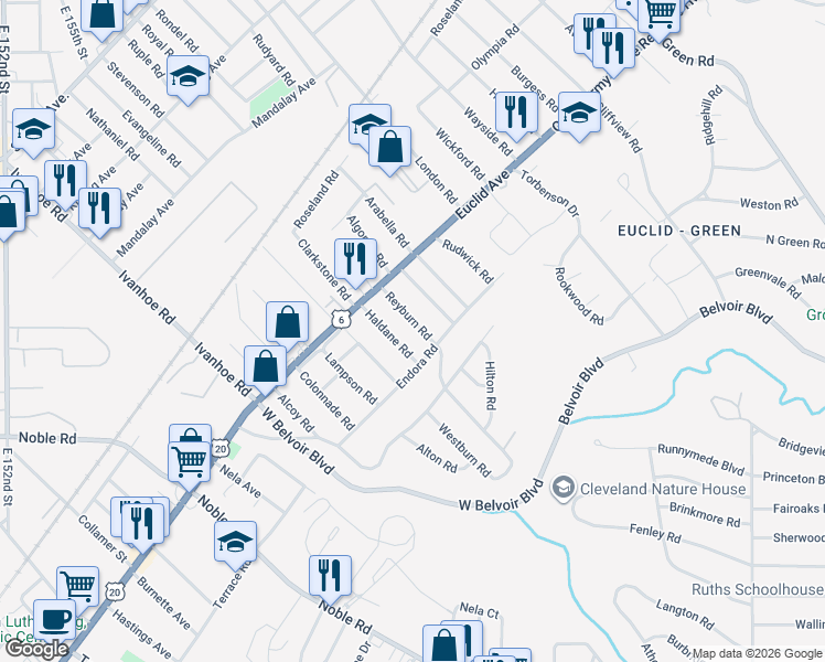 map of restaurants, bars, coffee shops, grocery stores, and more near 1860 Reyburn Road in Cleveland