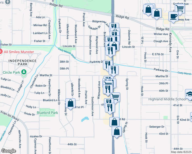 map of restaurants, bars, coffee shops, grocery stores, and more near 2291 Martha Street in Highland