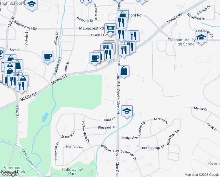 map of restaurants, bars, coffee shops, grocery stores, and more near 3210 Holiday Court in Bettendorf