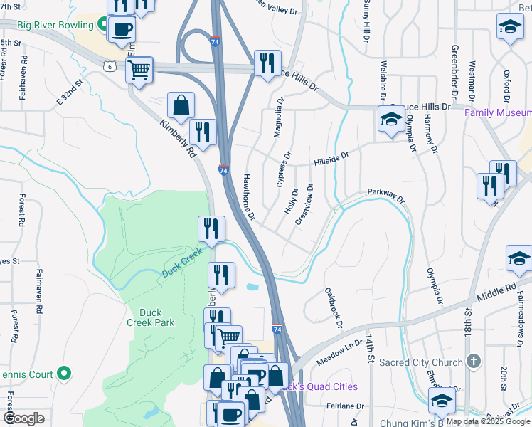 map of restaurants, bars, coffee shops, grocery stores, and more near 2434 Cypress Drive in Bettendorf