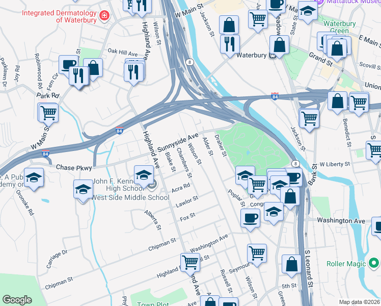 map of restaurants, bars, coffee shops, grocery stores, and more near 15 Chambers Street in Waterbury