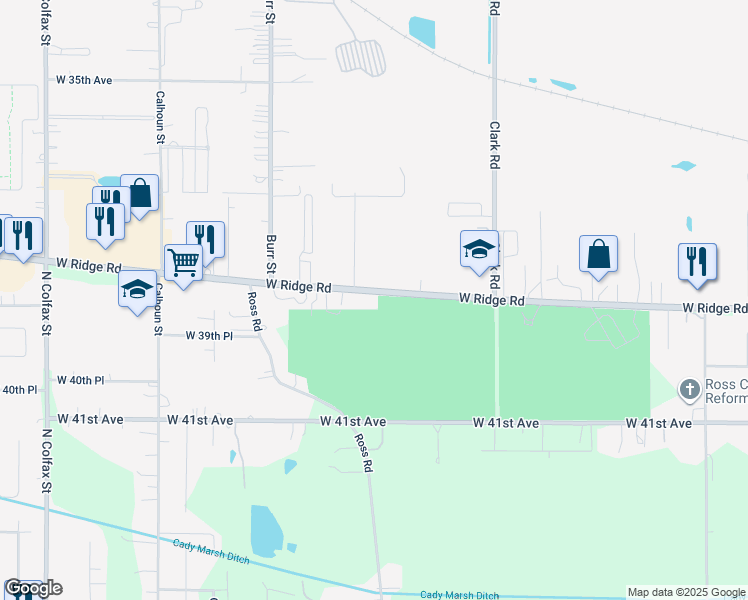map of restaurants, bars, coffee shops, grocery stores, and more near 5007 West Ridge Road in Gary