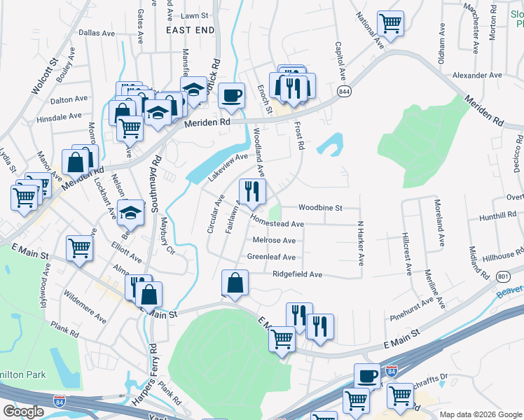 map of restaurants, bars, coffee shops, grocery stores, and more near 248 Frost Road in Waterbury