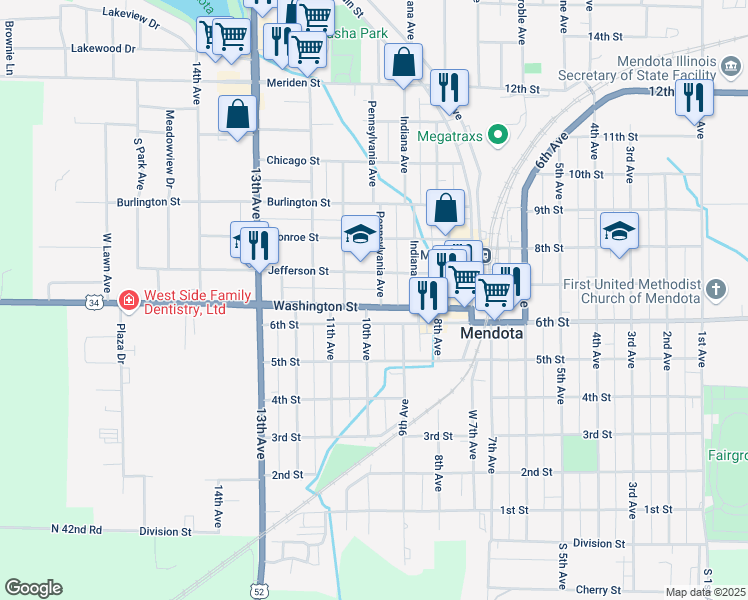 map of restaurants, bars, coffee shops, grocery stores, and more near 1000 Washington Street in Mendota