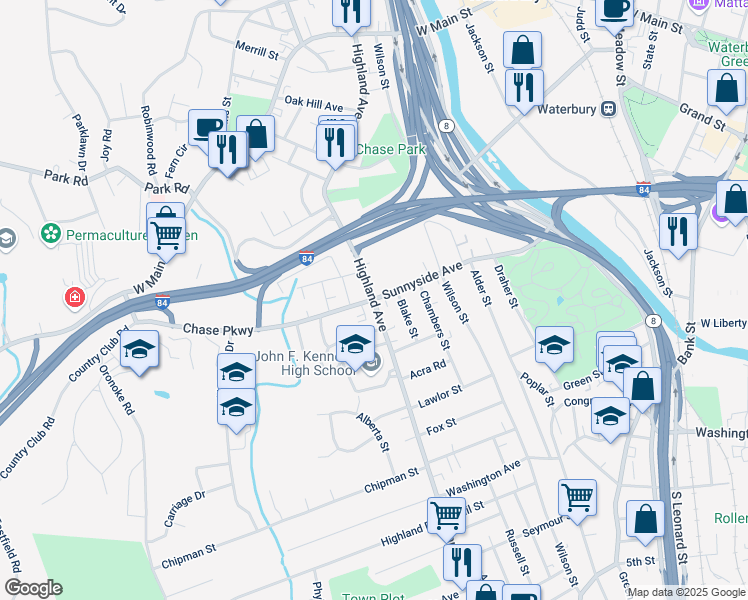 map of restaurants, bars, coffee shops, grocery stores, and more near Highland Ave & Sunnyside Ave in Waterbury