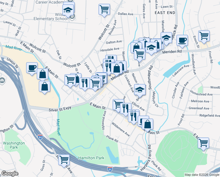 map of restaurants, bars, coffee shops, grocery stores, and more near 19 Eastwood Avenue in Waterbury