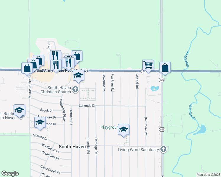map of restaurants, bars, coffee shops, grocery stores, and more near 784 Fox River Road in Valparaiso