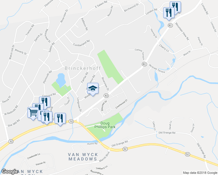 map of restaurants, bars, coffee shops, grocery stores, and more near 9 Riverview Drive in Fishkill