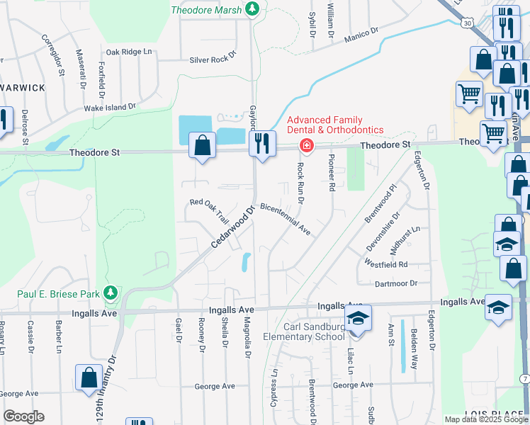 map of restaurants, bars, coffee shops, grocery stores, and more near 2361 Bicentennial Avenue in Crest Hill