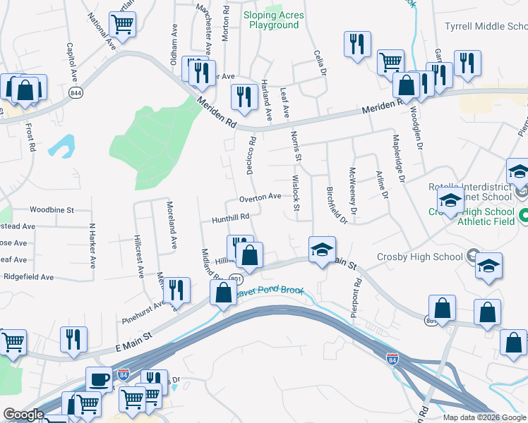 map of restaurants, bars, coffee shops, grocery stores, and more near 173 Decicco Road in Waterbury