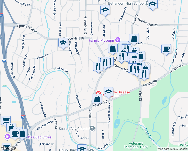 map of restaurants, bars, coffee shops, grocery stores, and more near 2515 Avalon Drive in Bettendorf