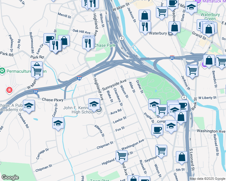 map of restaurants, bars, coffee shops, grocery stores, and more near 15 Chambers Street in Waterbury