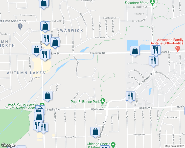 map of restaurants, bars, coffee shops, grocery stores, and more near 1425 Covered Bridge Way in Joliet