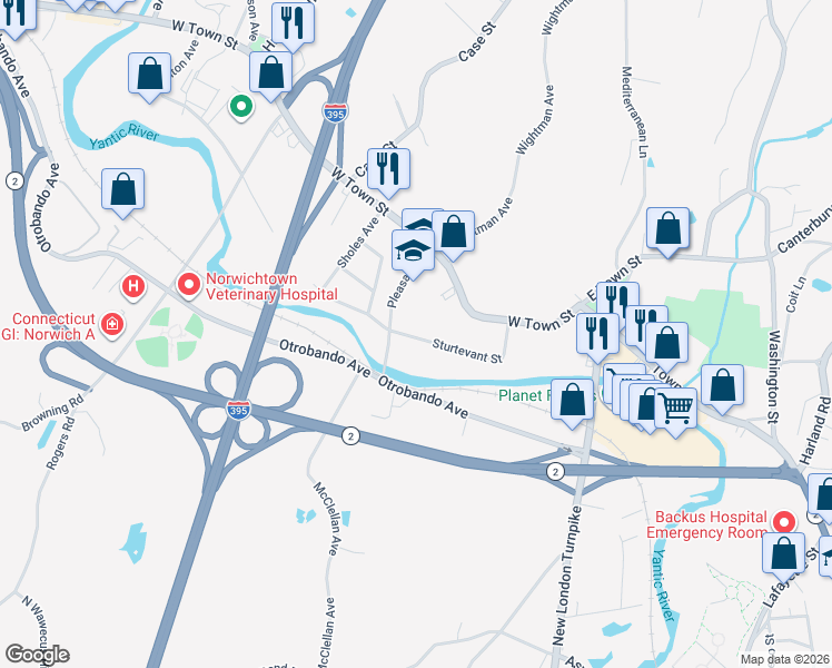 map of restaurants, bars, coffee shops, grocery stores, and more near 53 Sturtevant Street in Norwich