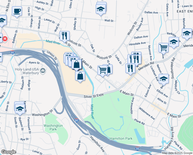 map of restaurants, bars, coffee shops, grocery stores, and more near 17 Ambrose Street in Waterbury