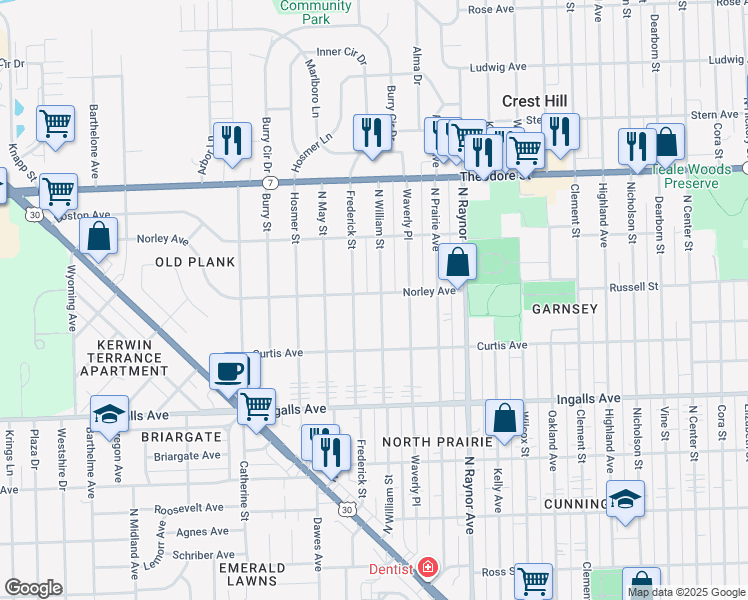 map of restaurants, bars, coffee shops, grocery stores, and more near 1323 North William Street in Joliet