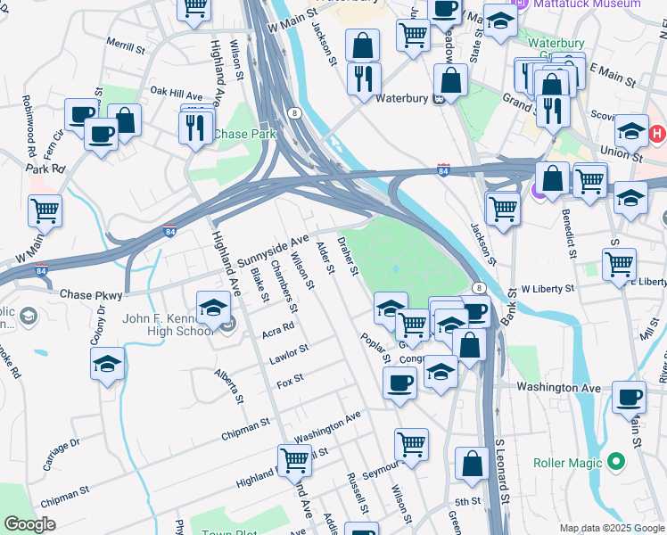 map of restaurants, bars, coffee shops, grocery stores, and more near 125 Draher Street in Waterbury