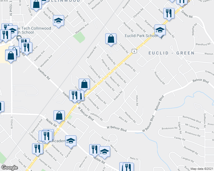 map of restaurants, bars, coffee shops, grocery stores, and more near 1832 Haldane Road in Cleveland