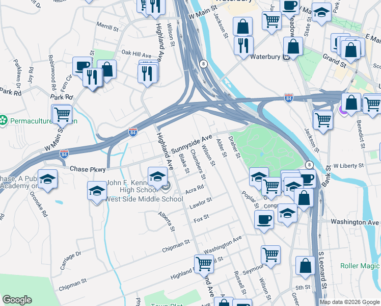 map of restaurants, bars, coffee shops, grocery stores, and more near 18 Chambers Street in Waterbury