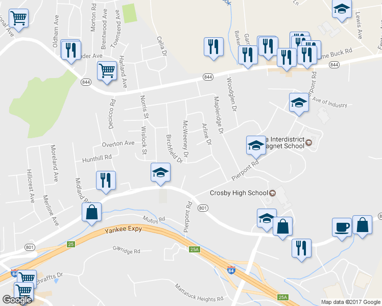 map of restaurants, bars, coffee shops, grocery stores, and more near 24 McWeeney Drive in Waterbury