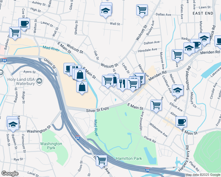 map of restaurants, bars, coffee shops, grocery stores, and more near 1305 East Main Street in Waterbury