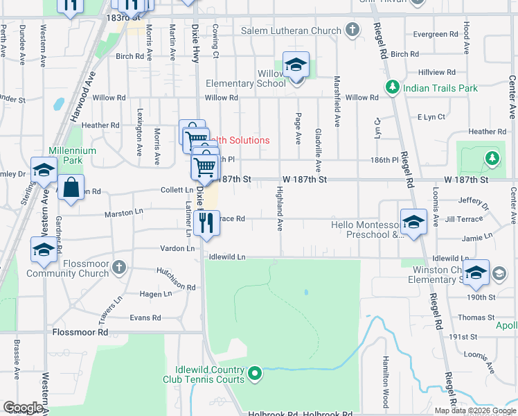 map of restaurants, bars, coffee shops, grocery stores, and more near 1834 Terrace Road in Homewood