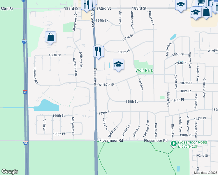 map of restaurants, bars, coffee shops, grocery stores, and more near 18701 Loras Lane in Country Club Hills