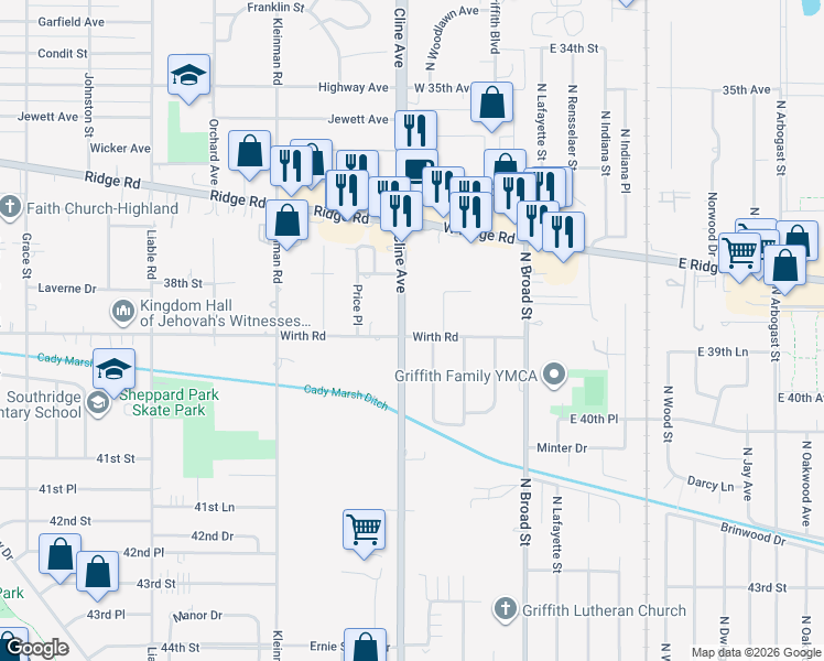 map of restaurants, bars, coffee shops, grocery stores, and more near 1505 North Cline Avenue in Griffith