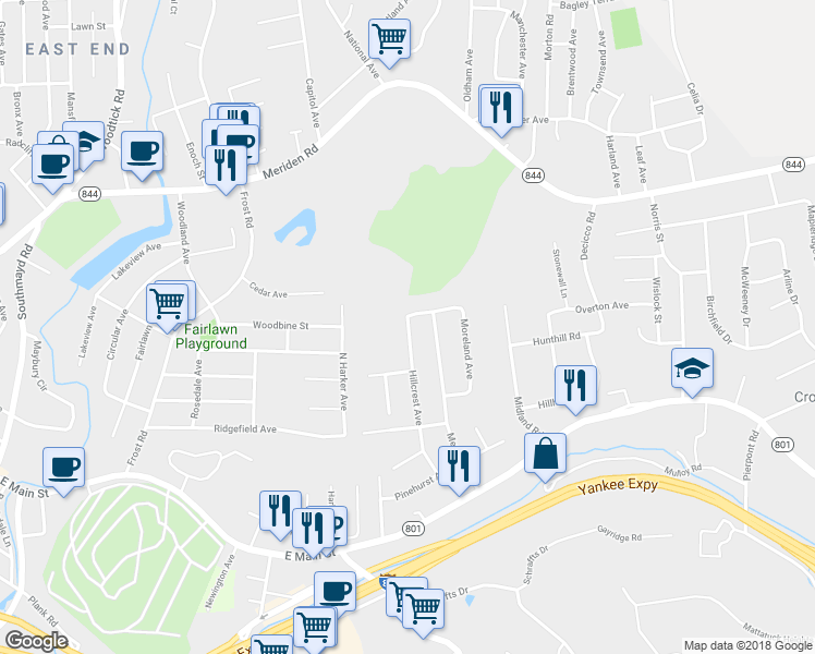 map of restaurants, bars, coffee shops, grocery stores, and more near 181 Hillcrest Avenue in Waterbury