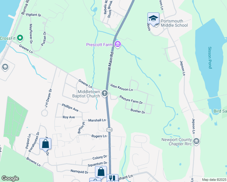 map of restaurants, bars, coffee shops, grocery stores, and more near 47 John Kesson Lane in Middletown