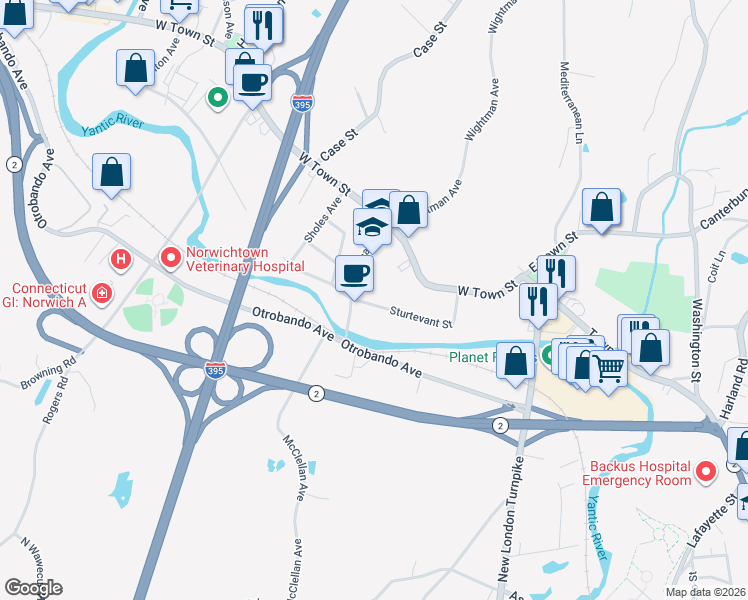 map of restaurants, bars, coffee shops, grocery stores, and more near 53 Sturtevant Street in Norwich