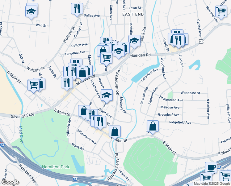 map of restaurants, bars, coffee shops, grocery stores, and more near 195 Beecher Avenue in Waterbury