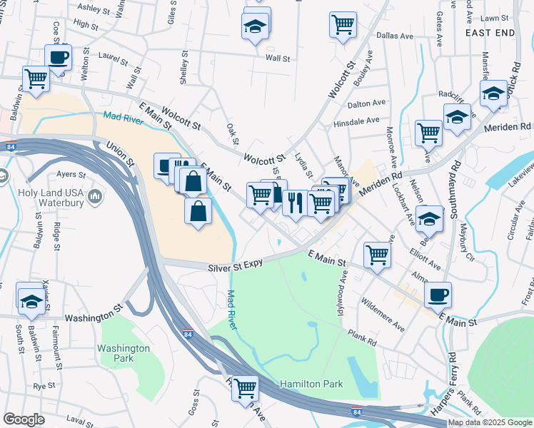 map of restaurants, bars, coffee shops, grocery stores, and more near 1305 East Main Street in Waterbury