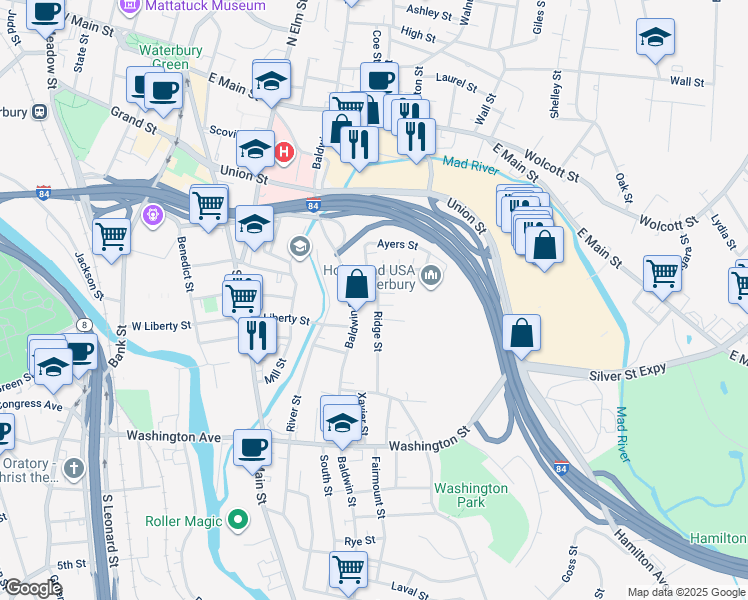 map of restaurants, bars, coffee shops, grocery stores, and more near 10 Carmen Street in Waterbury