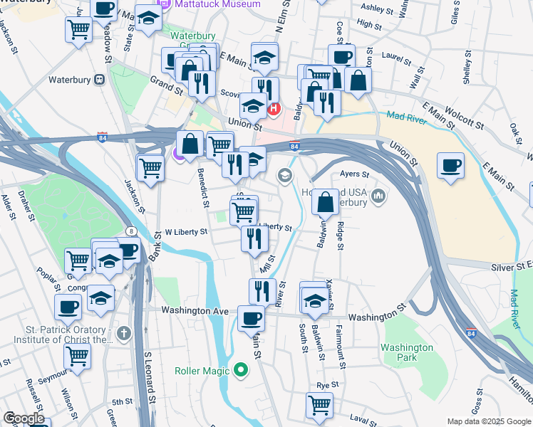 map of restaurants, bars, coffee shops, grocery stores, and more near 71 East Dover Street in Waterbury