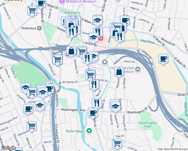 map of restaurants, bars, coffee shops, grocery stores, and more near 545 South Main Street in Waterbury