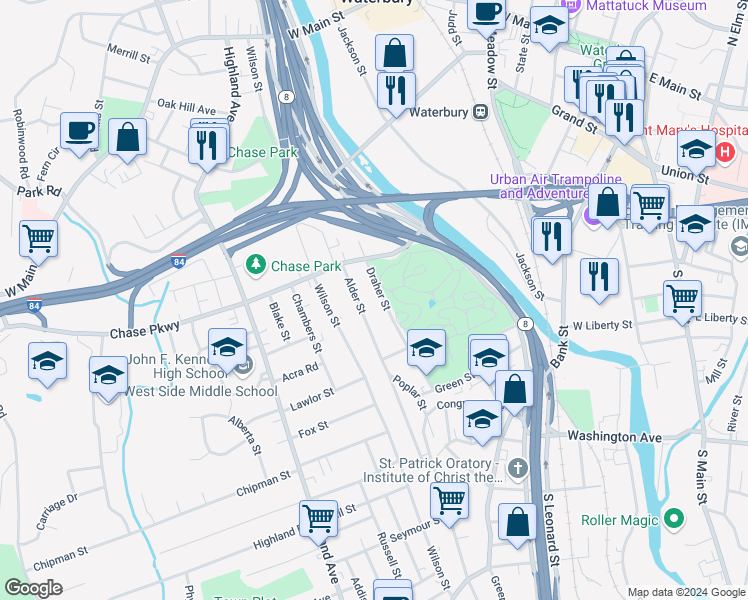 map of restaurants, bars, coffee shops, grocery stores, and more near 125 Draher Street in Waterbury