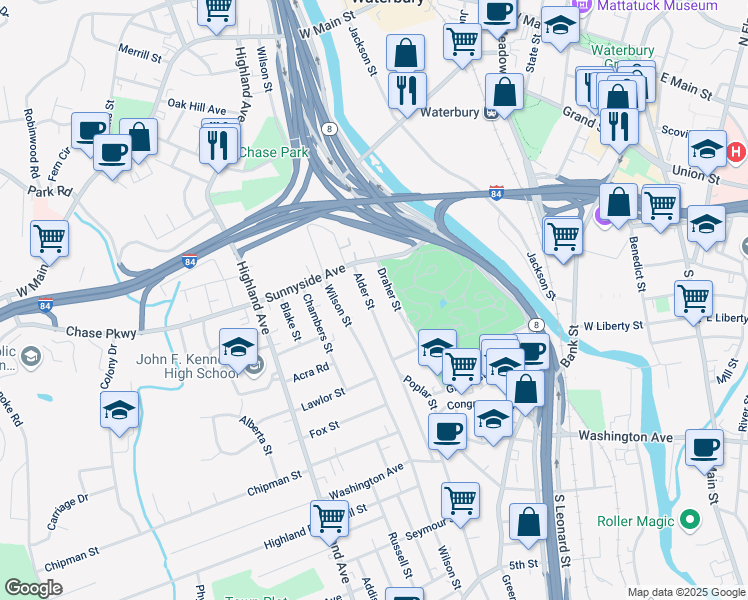 map of restaurants, bars, coffee shops, grocery stores, and more near 125 Draher Street in Waterbury