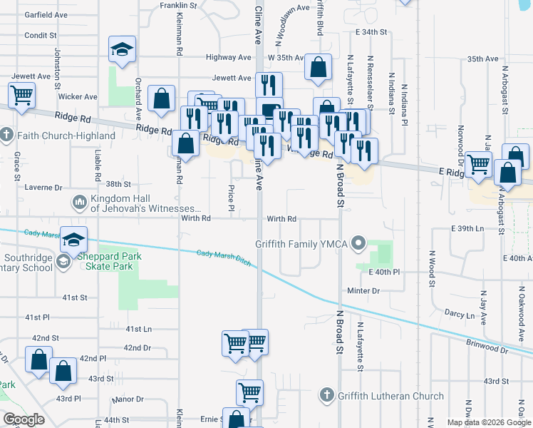 map of restaurants, bars, coffee shops, grocery stores, and more near 1505 N Cline Ave in Griffith