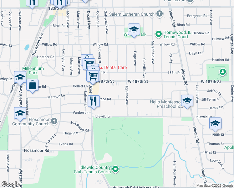 map of restaurants, bars, coffee shops, grocery stores, and more near 1834 Terrace Road in Homewood