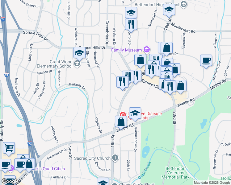 map of restaurants, bars, coffee shops, grocery stores, and more near 2515 Avalon Drive in Bettendorf