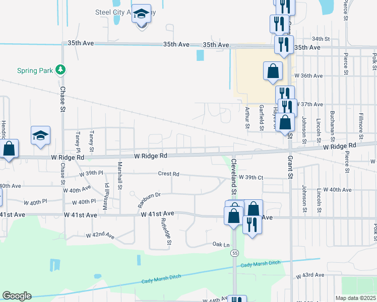 map of restaurants, bars, coffee shops, grocery stores, and more near 2250 West Ridge Road in Gary