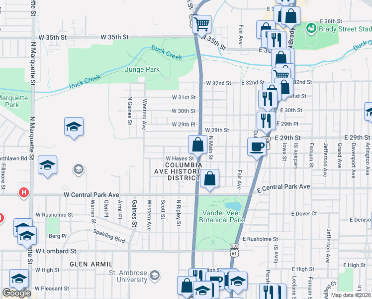 map of restaurants, bars, coffee shops, grocery stores, and more near 319 West Garfield Street in Davenport